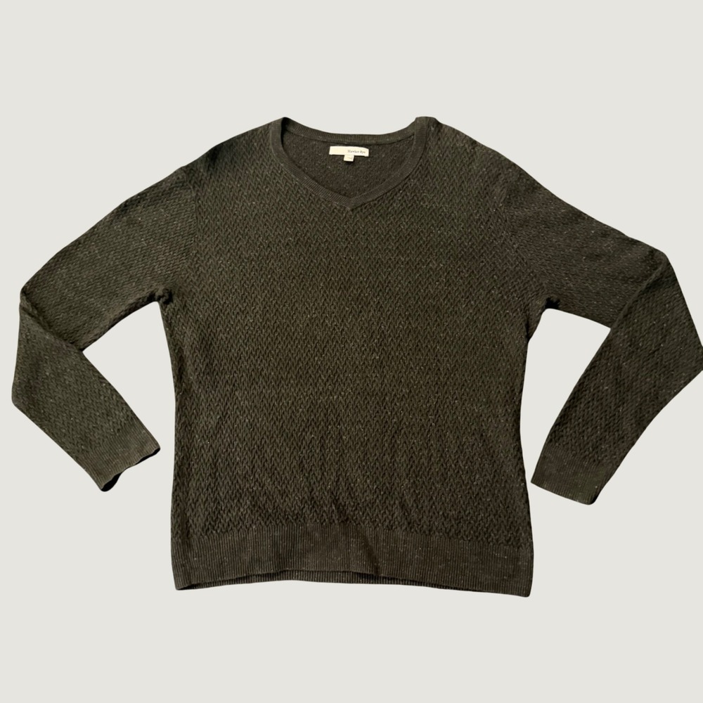 Hawker Rye V-Neck Sweater Large Cotton Linen Textured Knit Olive Green Mens